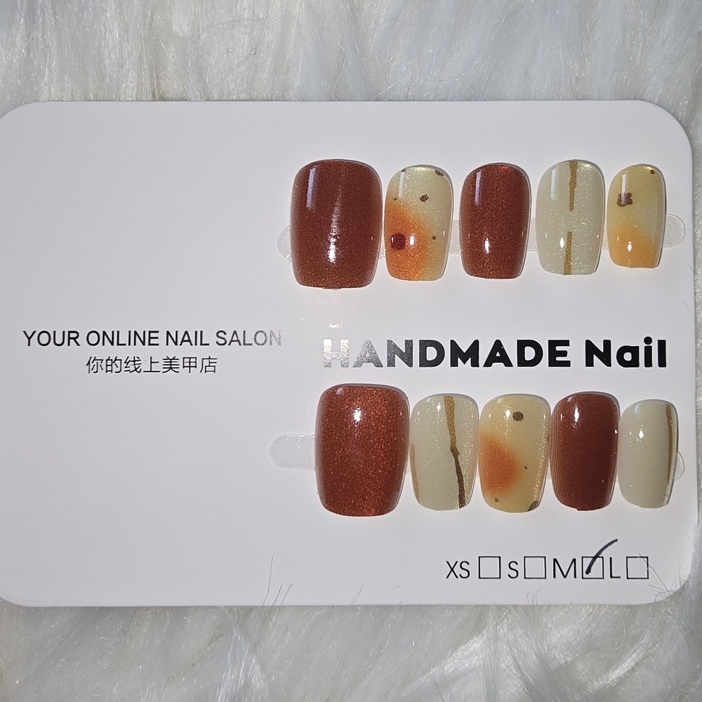 Handmade Nail Set with Brown and Cream Tones Catseye